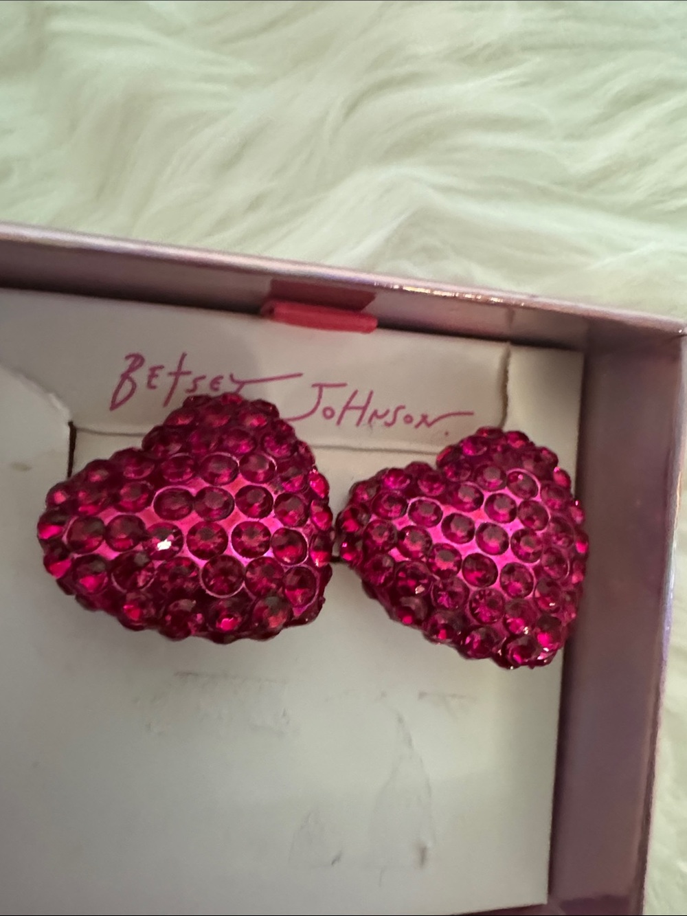 Betsey Johnson Hot Pink Crystal Heart Stud Earrings